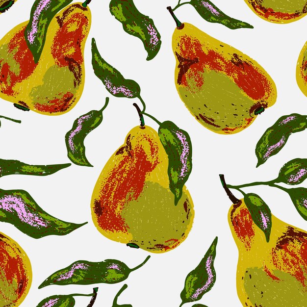 Textured pears Fruit pattern Cartoon style Hand drawn elements Vector seamless overlapping pattern