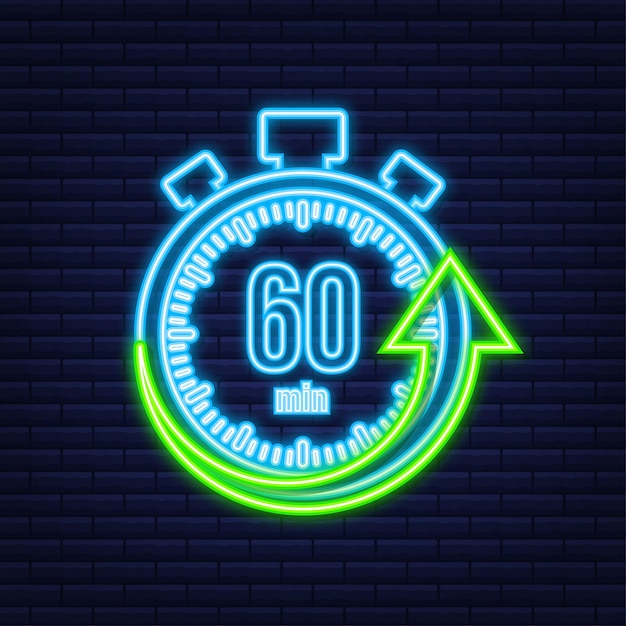 the 60 minutes, stopwatch vector neon icon. stopwatch icon in flat style, timer on on color background. vector illustration.
