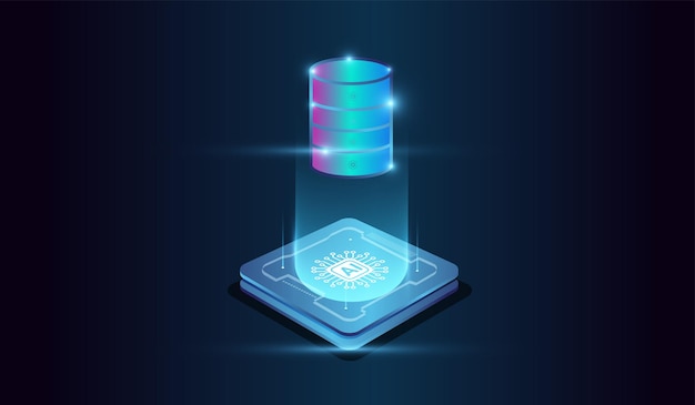 The artificial intelligence big data server cloud and digital back up clouds of system at the center represents computational power and glowing from microchip