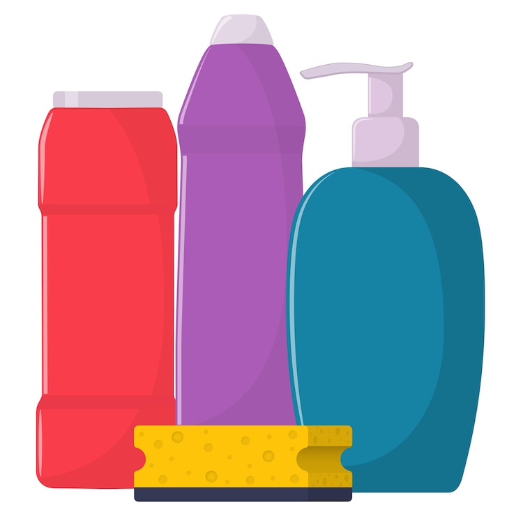Vektör the bottles of detergent washing powder detergent powder liquid soap cleaning sponge