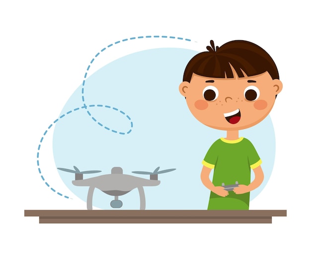 The boy controls the quadcopter from the remote control Children robotics programming Vector