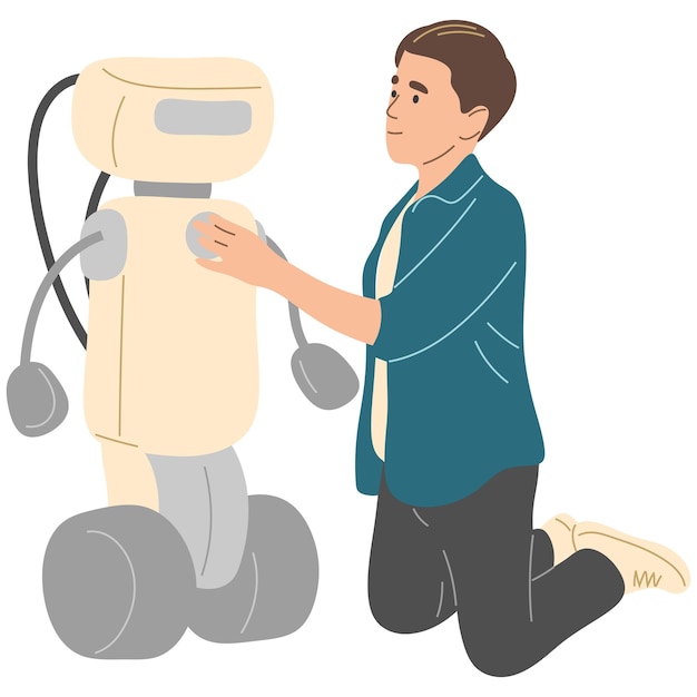 The boy turns on the robot