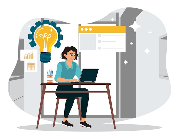 the businesswoman focuses on working in front of a laptop computer and developing creative ideas