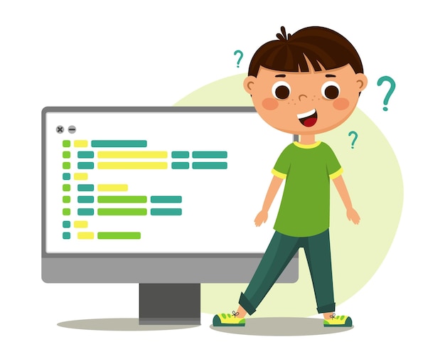 the child writes the program code children robotics programming vector illustration isolated