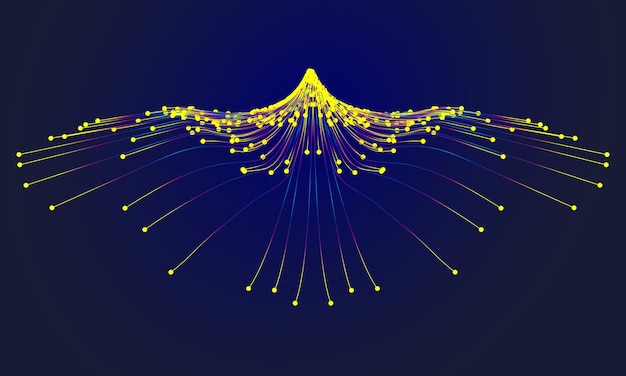 the colored dots and lines converge like an eagle flying with outstretched wings