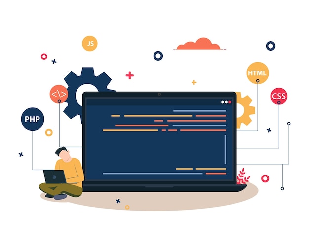 the concept of vector laptop coding or html programming php web developer vector illustration