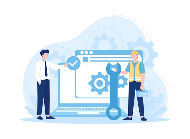 The customer repairs the laptop to a service technician concept flat illustration