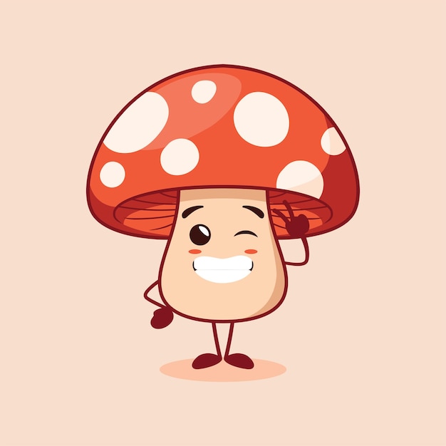 the cute red mushroom character is smiling widely with a cheesy hand pose ready to be photographed