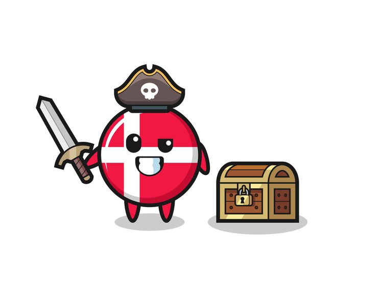 Vektor the denmark flag badge pirate character holding sword beside a treasure box , cute style design for t shirt, sticker, logo element
