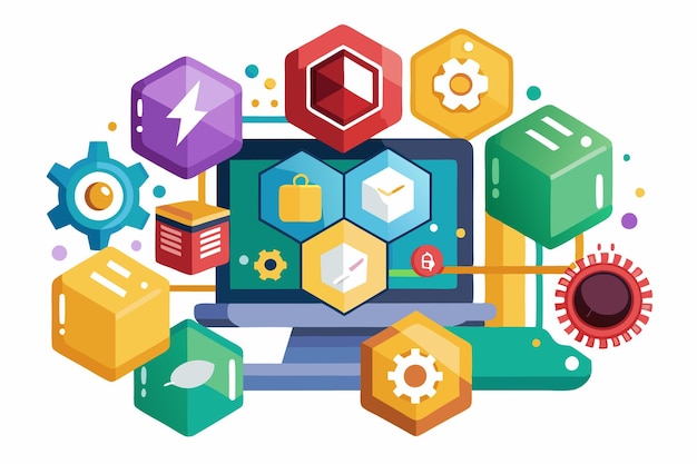 The display showcases vibrant icons symbolizing customizable JavaScript frameworks and key tools for web development Javascript frameworks Customizable Semi Flat Illustration