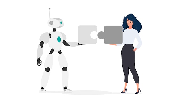 The girl and the robot are holding puzzle pieces. Teamwork concept.