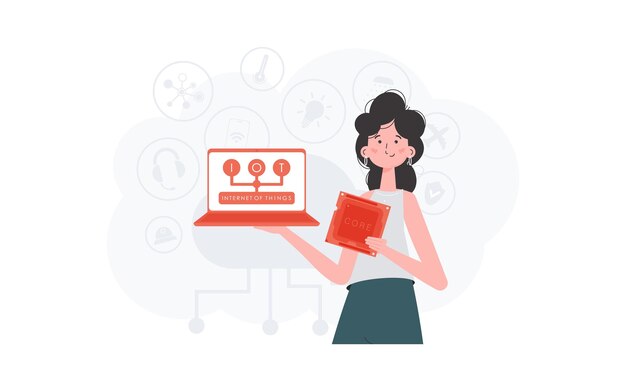 The girl is holding a laptop and a processor chip in her hands IoT concept Vector illustration in flat style