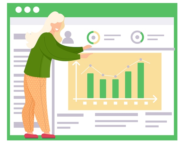 the girl points to the bar graph on the poster on the background. office work management. data analysis concept. statistical chart with indicators. billboard with text and picture of columns