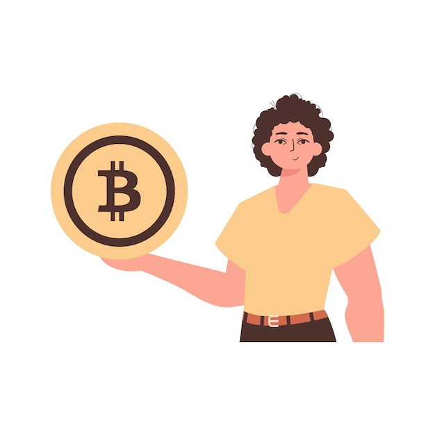 the guy is holding a bitcoin in the form of a coin character in modern trendy style