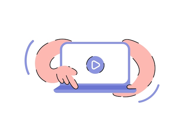 The hand is holding a laptop Element for presentations applications and sites Trendy flat vector illustration