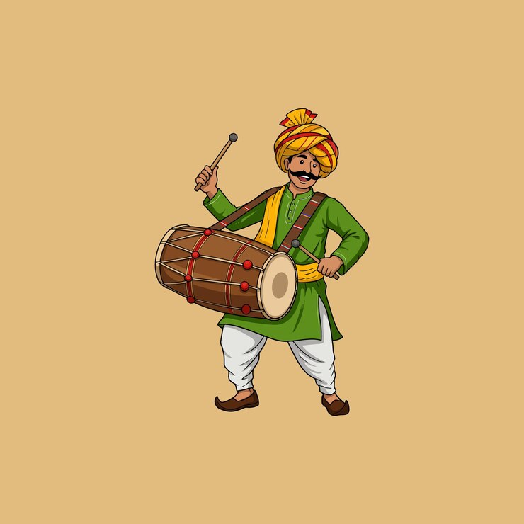 Vektör the illustration depicts a happy man in traditional indian attire playing a dhol drum showcasing cultural music