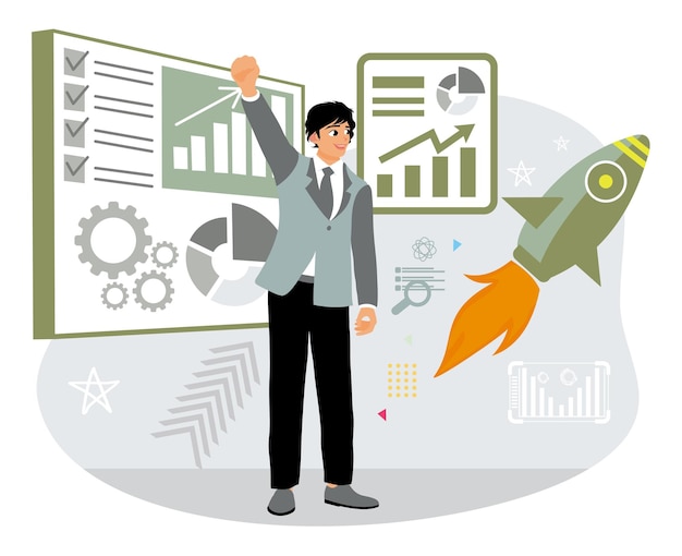 The male entrepreneur is happy because he has completed all the tasks from the list and set goals