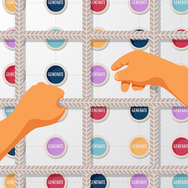 The man's hands reach for the buttons from behind the bars. Concept of neural ai networks.