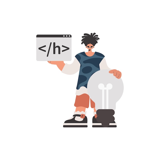 The person is holding a browser window with a programming picture and to boot standing close a colossal light bulb Compelled on white foundation Trendy style Vector Illustration