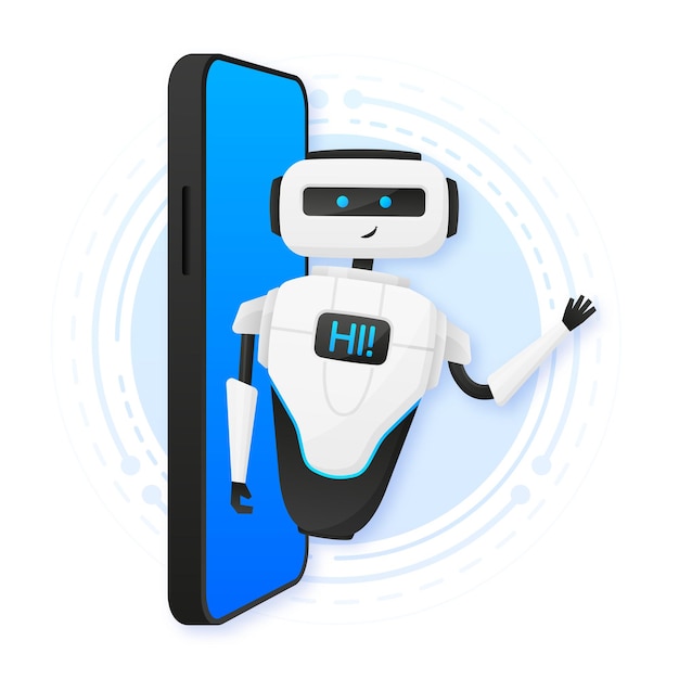 The Phone Bot says hello to users Welcome to the ChatBot Online consultation Vector illustration