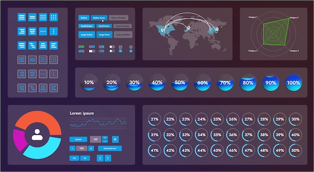 The picture shows the interface of a web application or site consisting of navigation elements buttons and various components Design includes menu search form icons and vector graphics