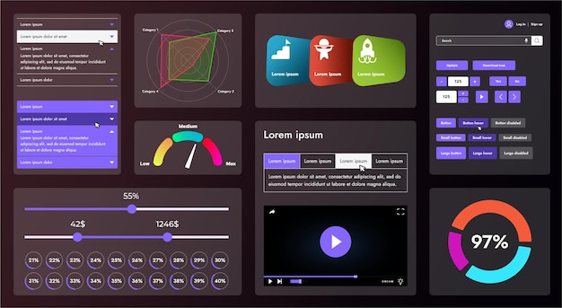 The picture shows the interface of a web application or site consisting of navigation elements buttons and various components Design includes menu search form icons and vector graphics