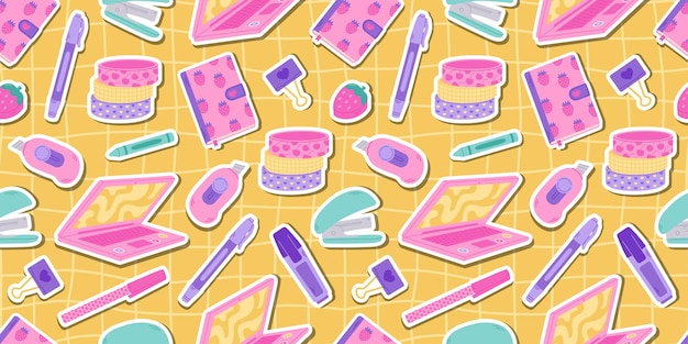 The school supplies pattern on a yellow checkered background Back to school Education accessories