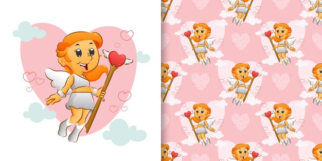 The seamless of the cute cupid girl holding the magical love stick 