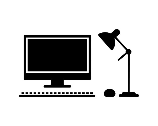 The table with the computer and lamp symbol is on a white background
