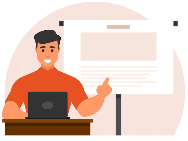 The teacher sits at a laptop and shows a presentation Vector graphics