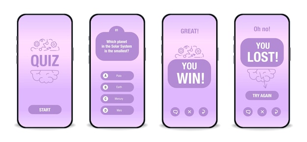 The template of the mobile application interface for the quiz on a purple background Test exam