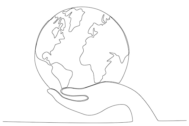 the world planet earth on the hand palm for the earth day one line art