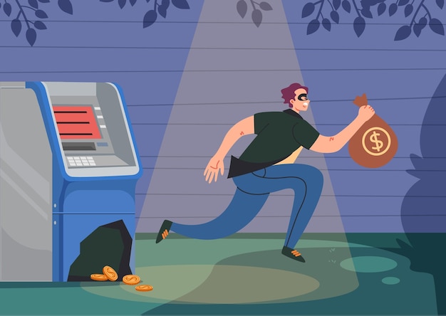 Thief man character steals money from ATM Vector design flat graphic cartoon illustration