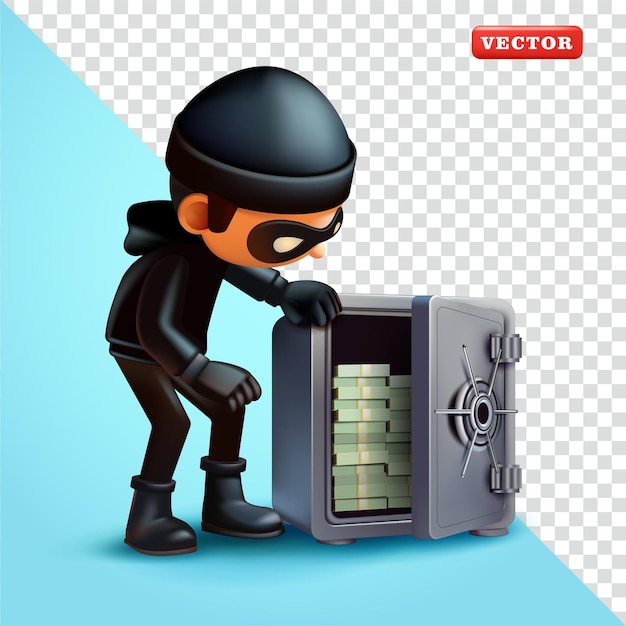 Thief steals money in iron safe box 3d vector Suitable for security and finance