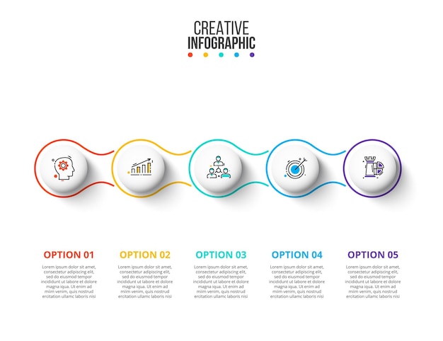 thin line flat element with circles for infographic. template for diagram, graph, presentation and chart. business concept with 5 options, parts, steps or processes. data visualization.