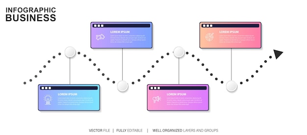 thin line flat process business infographic with 4 options arrows vector linear elements for pre