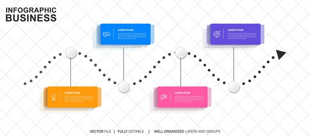 thin line flat process business infographic with 4 options arrows vector linear elements for pre