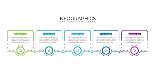 thin line process business infographic with square template process timeline with 5 options