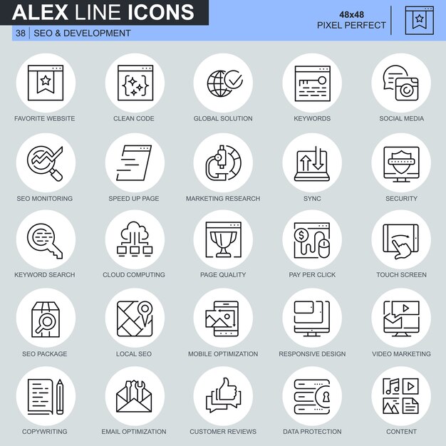 Thin line seo and development icons set
