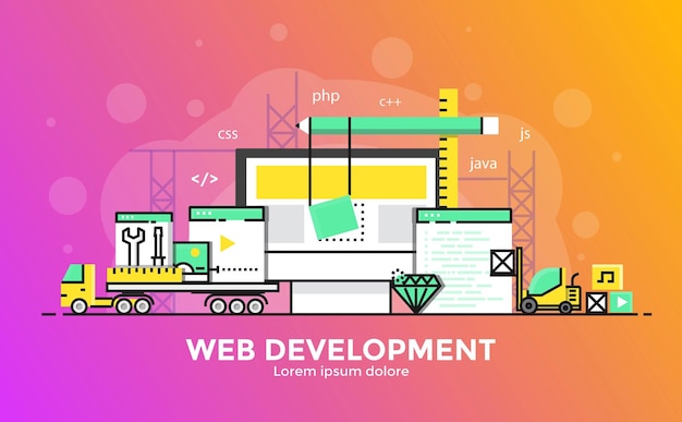 thin line smooth gradient flat design banner of web development