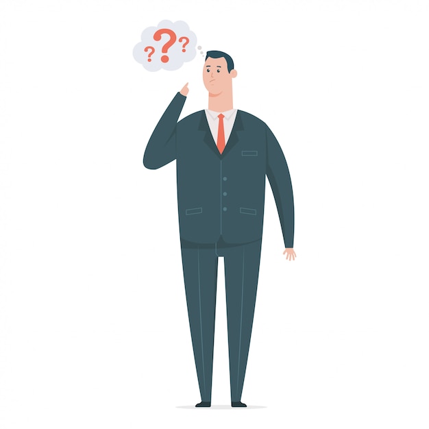 Thinking business man in suit with a question mark and speech bubble.   flat cartoon office worker character isolated on white background.