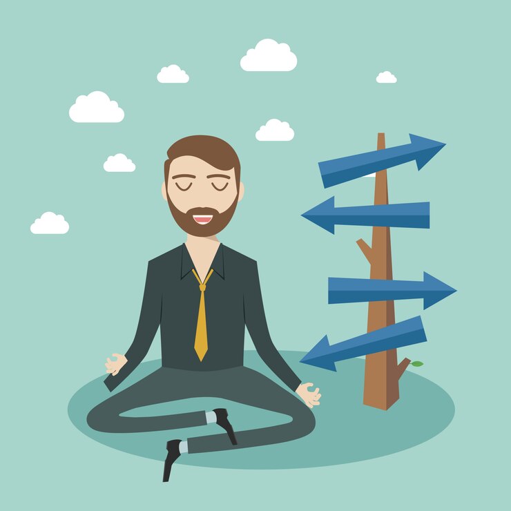 Vektör thinking businessman meditating front of crossroad and selecting the best solution. possibilities for business concept. 