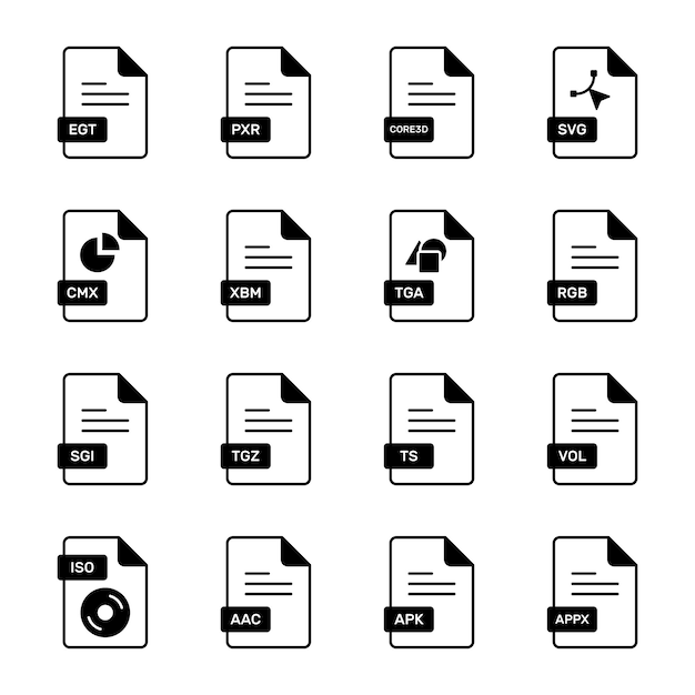 This image shows a set of file icons representing various digital file formats