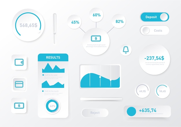This image shows various finance dashboard components including graphs vector illustration