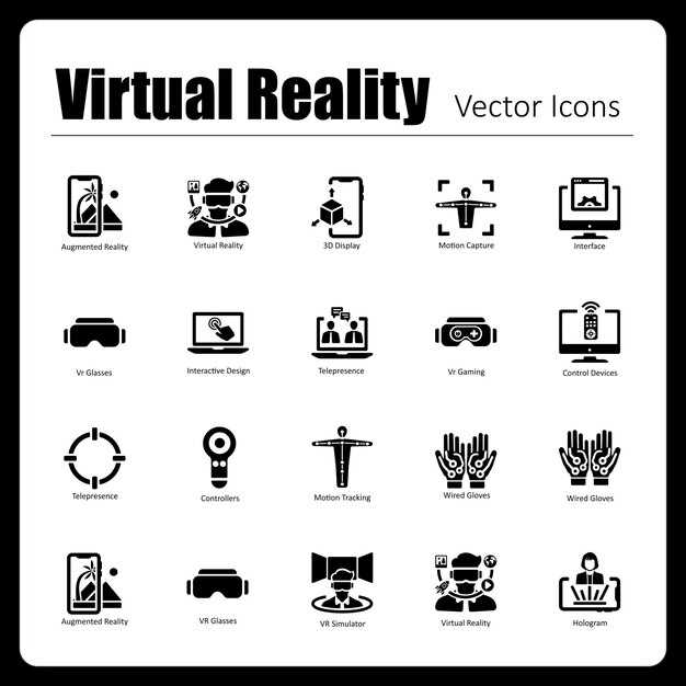 This is a collection of 20 beautiful handcrafted pixel perfect Virtual Reality vector icons
