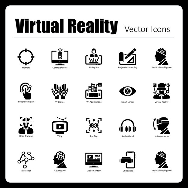 This is a collection of 20 beautiful handcrafted pixel perfect Virtual Reality vector icons