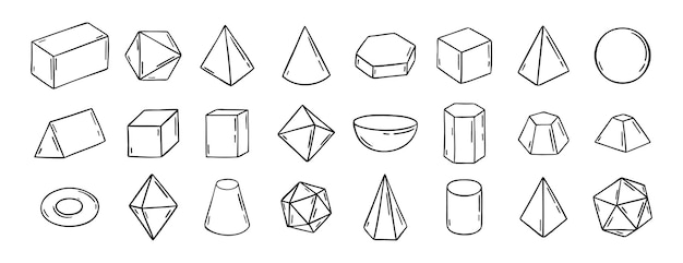 Three dimensional Hand Drawn Sketch Geometry Shapes Doodle outline 3d geometry shapes