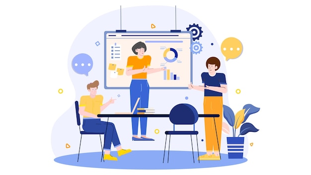 Three people in a business team are presenting about business idea and strategy