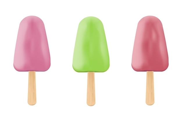 Three realistic icecreams with strawberry kiwi cherry taste on wooden stick Isolated background