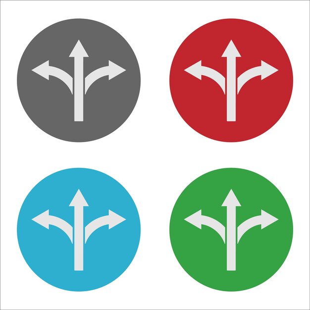 Threeway direction arrow in colour circles 3 Ways Road Sign set